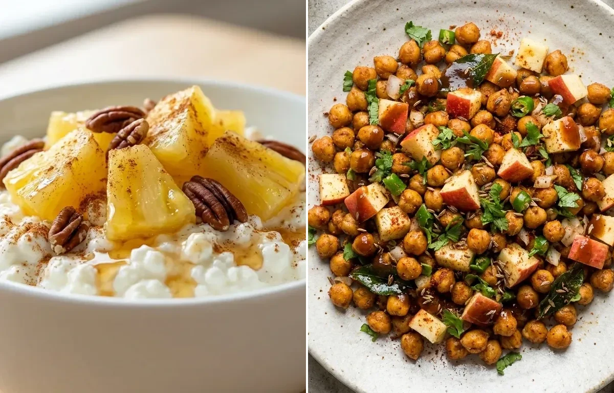 Cottage Cheese With Pineapple with Vegan Spiced Roasted Pumpkin Seeds and Roasted Chana With Apple