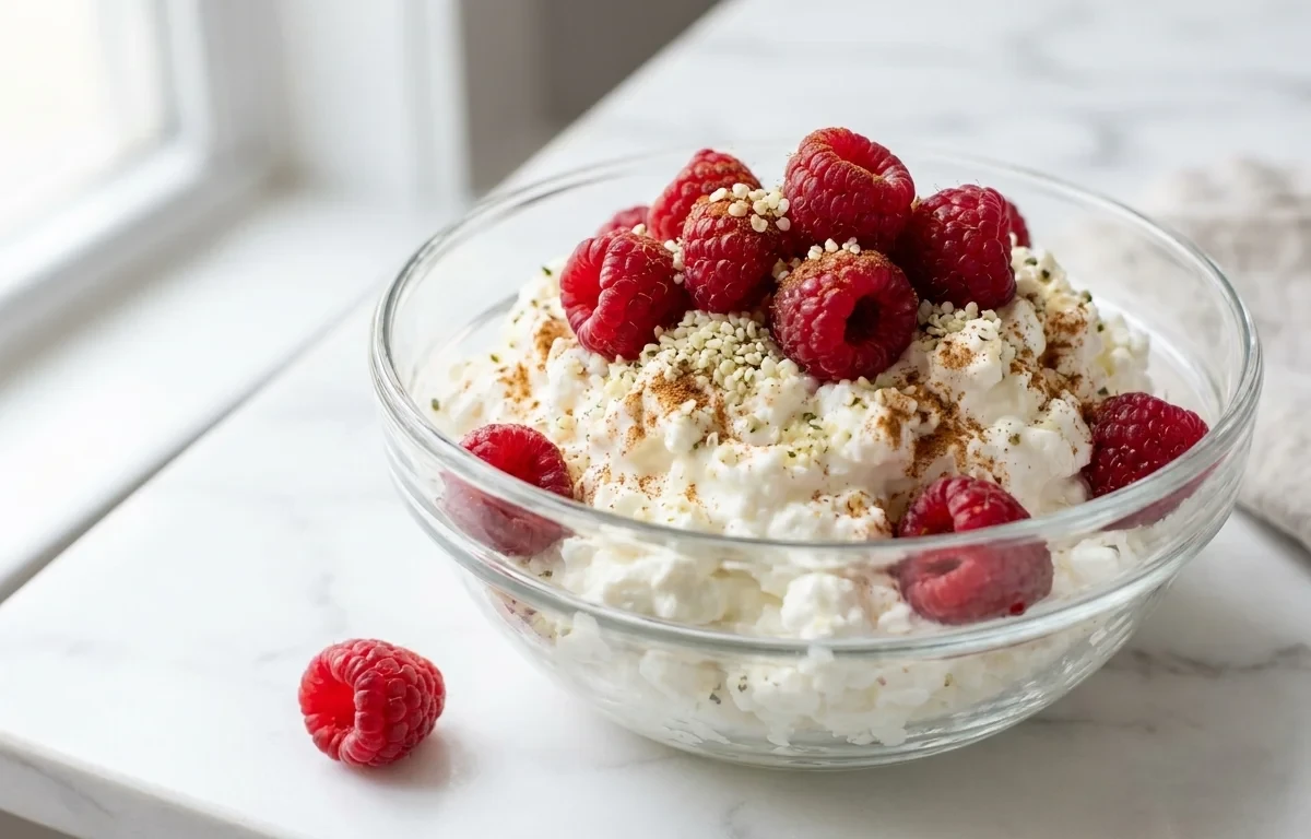 Cottage Cheese with Raspberries and Hemp