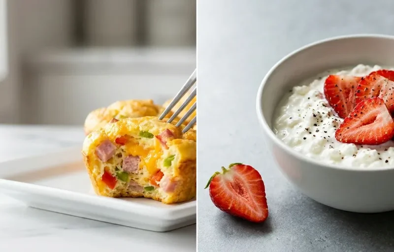 Cottage Cheese with Strawberries with Egg Muffins with Ham Peppers and Cheese