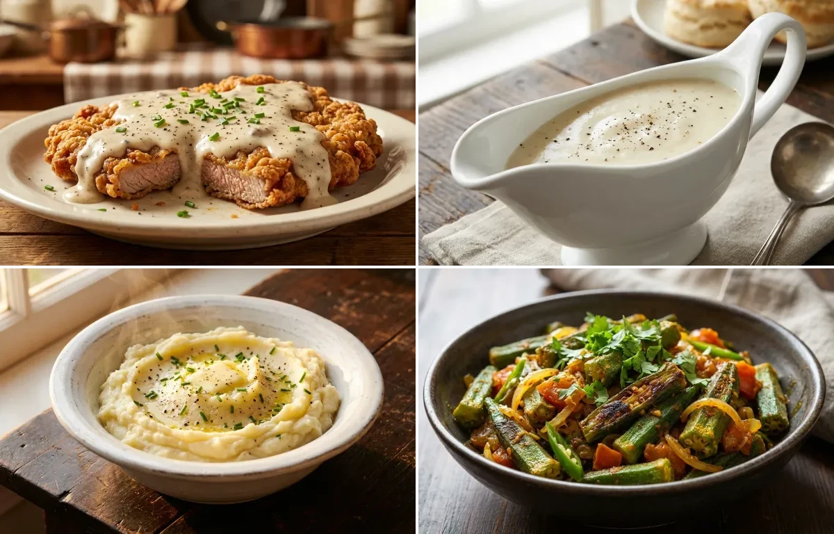Country Fried Steak with White Gravy, Mashed Potatoes and Bhindi Fry