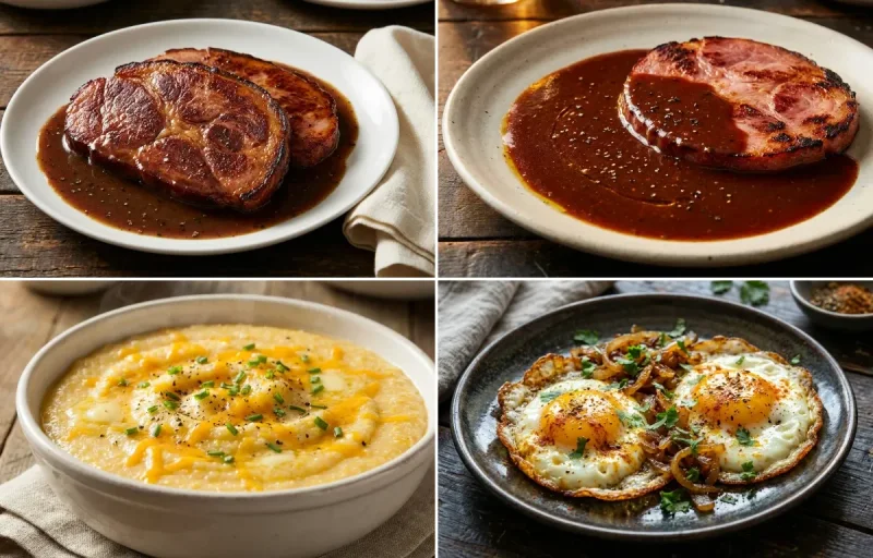 Country Ham with Red-Eye Gravy with Red-Eye Gravy, Southern Grits, Indian Fried Eggs and Buttermilk Biscuits