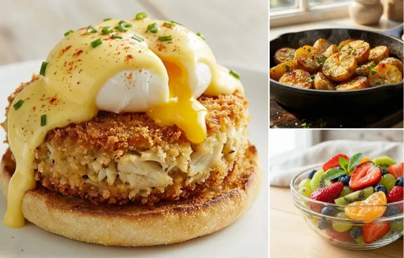 Crab Benedict with Roasted Potatoes and Fruit Salad