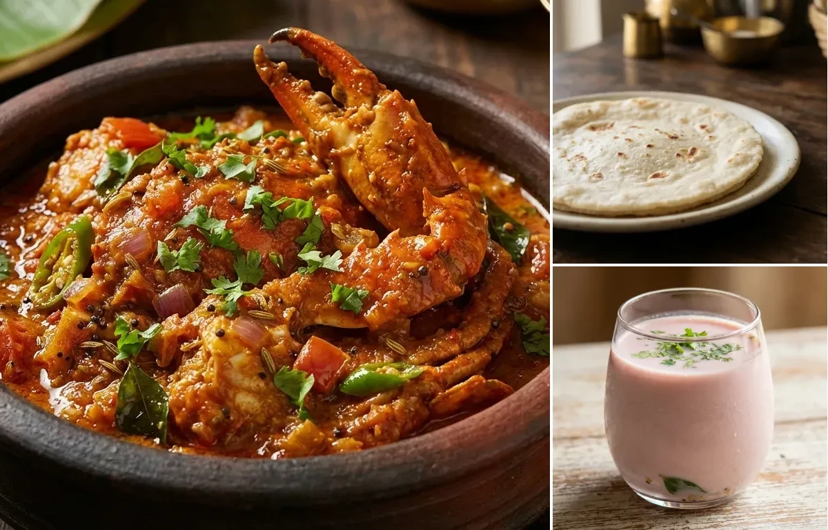 Crab Masala with Rice Bhakri and Sol Kadhi