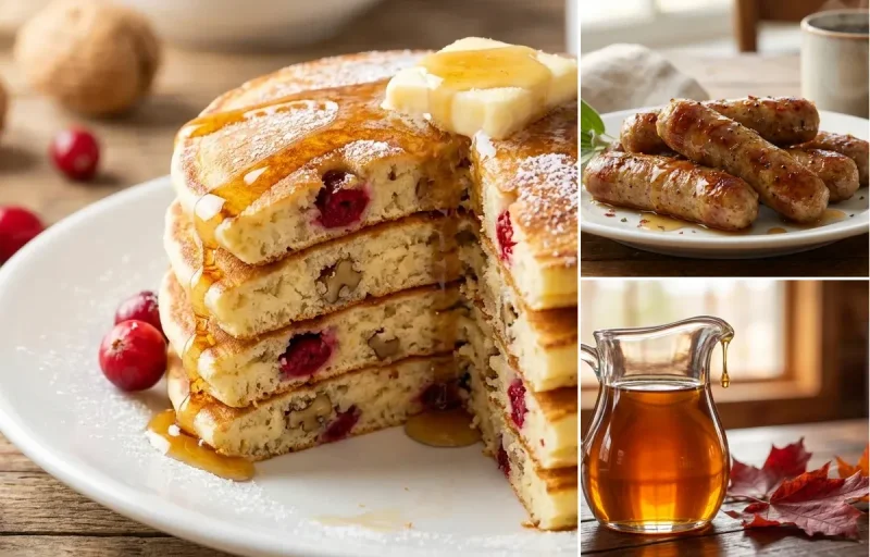 Cranberry Walnut Pancakes with Breakfast Sausage Links and Maple Syrup