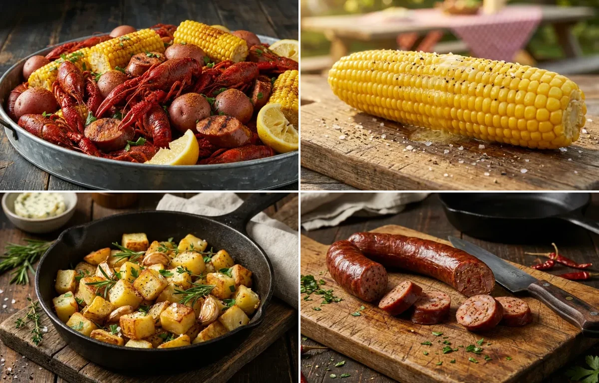 Crawfish Boil with Corn on the Cob, Garlic Herb Potatoes and Cajun Andouille Sausage