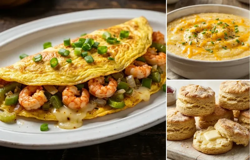 Crawfish Omelet with Southern Grits and Buttermilk Biscuits