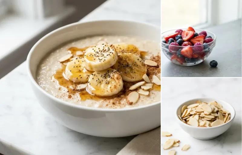 Creamy Oatmeal, Fresh Berry Topping and Sliced Almonds