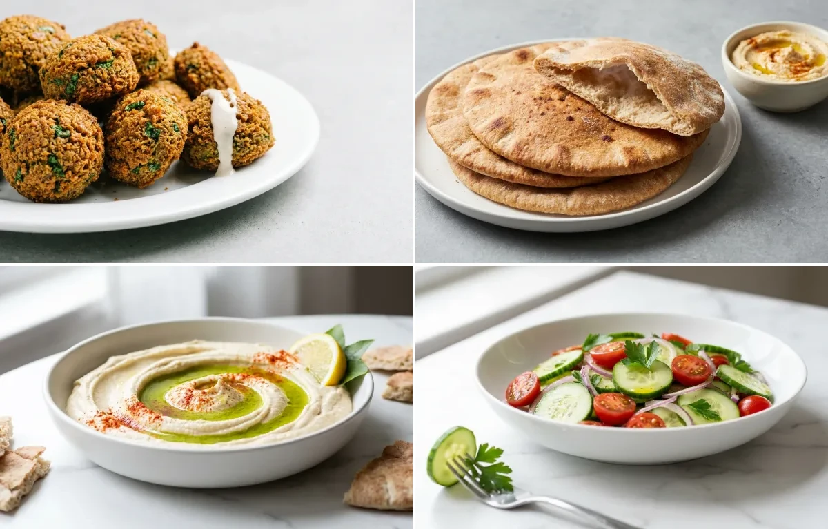 Crispy Baked Falafel, Whole Wheat Pita Bread, Creamy Hummus and Cucumber and Tomato Salad