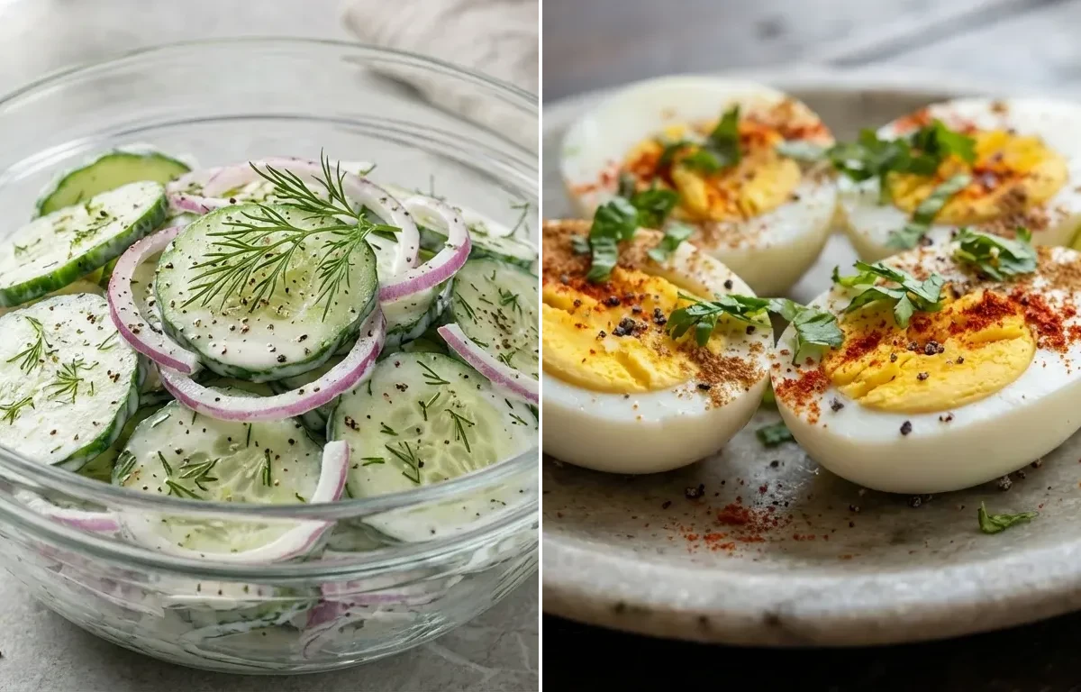 Cucumber Salad with Boiled Eggs and Hummus Toast With Veggies