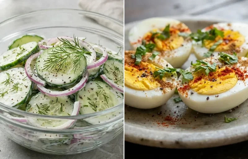 Cucumber Salad with Boiled Eggs and Hummus Toast With Veggies