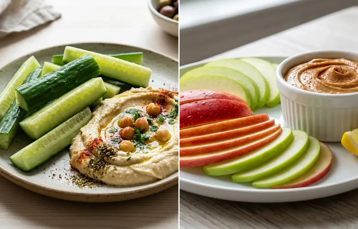 Cucumber Sticks Hummus with Apple Slices With Peanut Butter