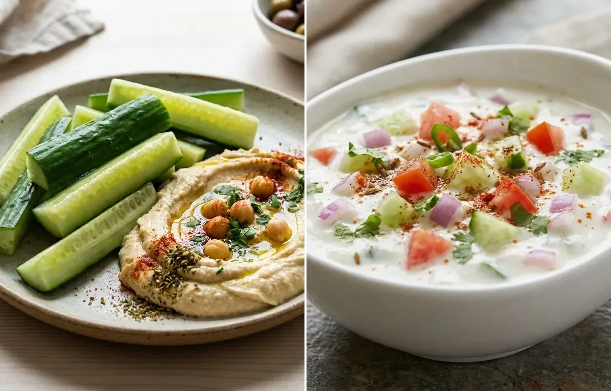 Cucumber Sticks Hummus with Kachumber Raita