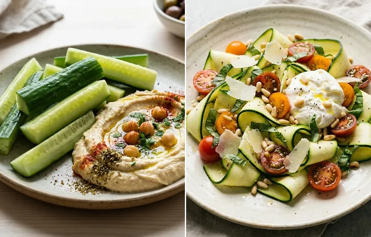 Cucumber Sticks Hummus with Zucchini Ribbon Salad