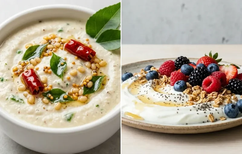 Curd Quinoa Bowl with Coconut Chutney and Yogurt Berry Bowl