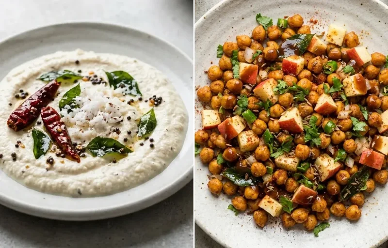 Curd Quinoa Bowl with Egg White Scramble, Coconut Chutney No-Salt, Roasted Chana With Apple and Plain Yogurt Cup