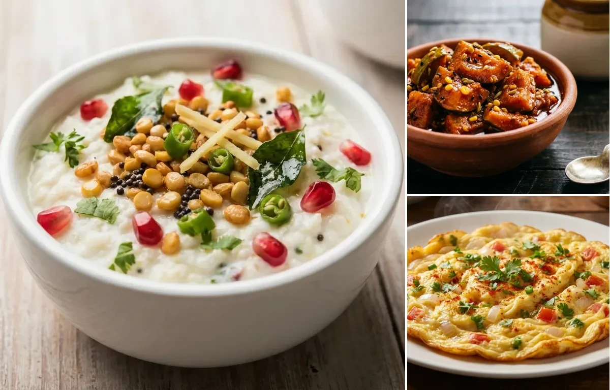Curd Rice with Mango Pickle and Masala Omelette