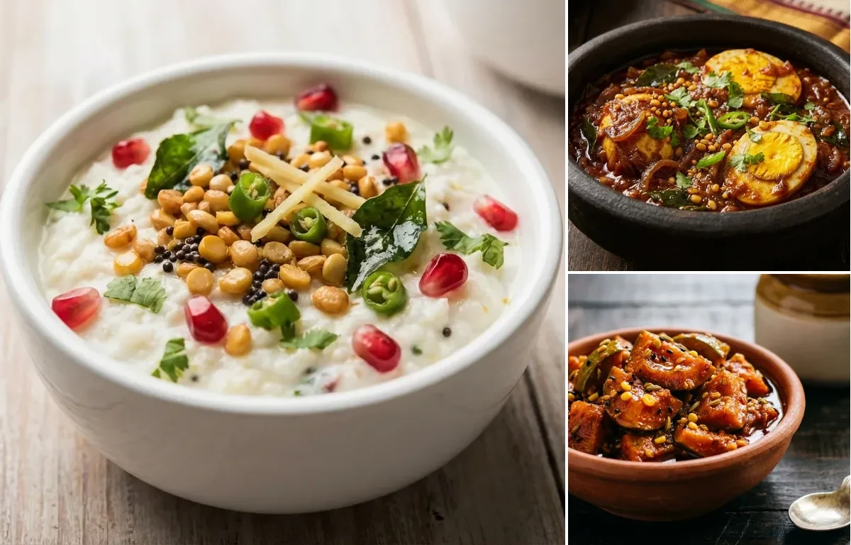 Curd Rice with Muttai Thokku and Mango Pickle