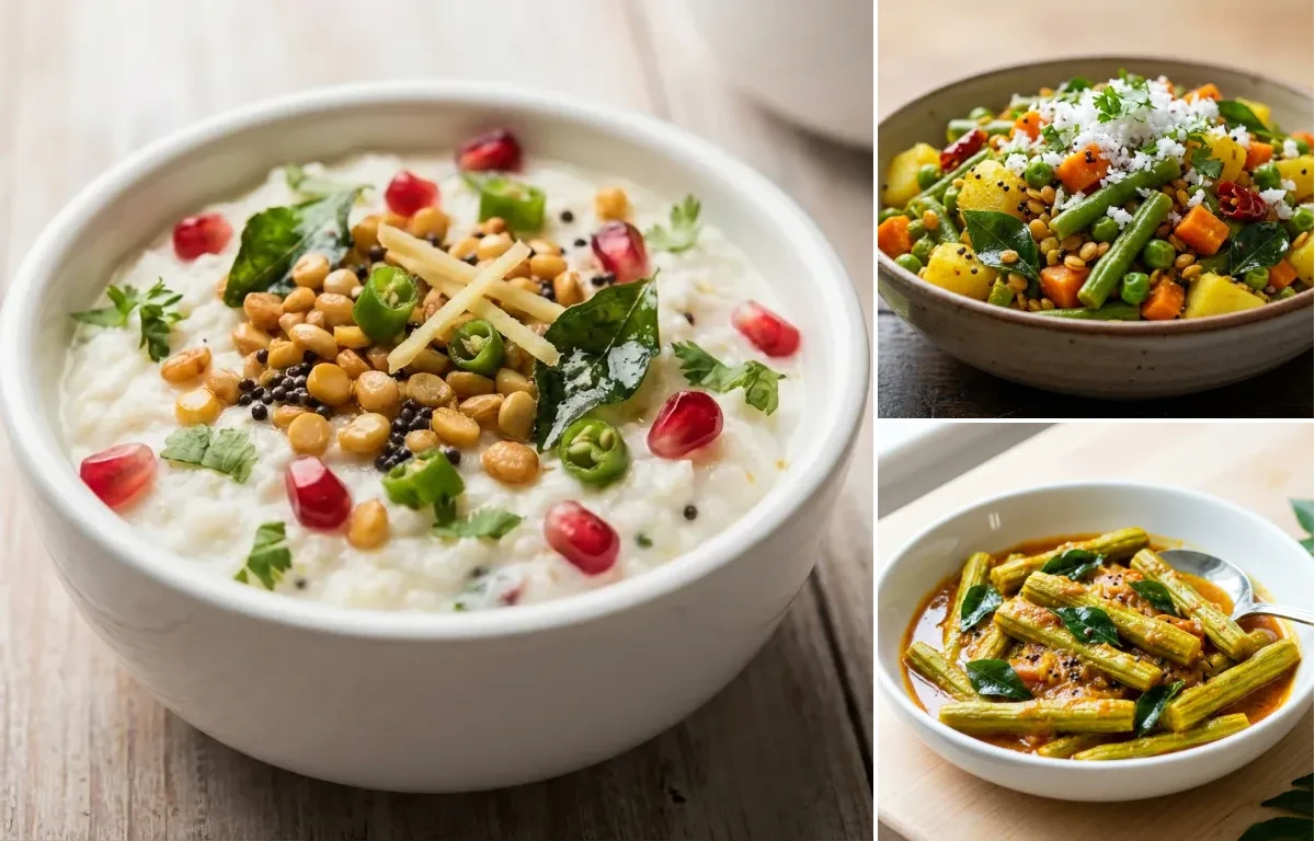 Curd Rice with Vegetable Palya with Drumstick Sabzi with Whole-Wheat Phulka