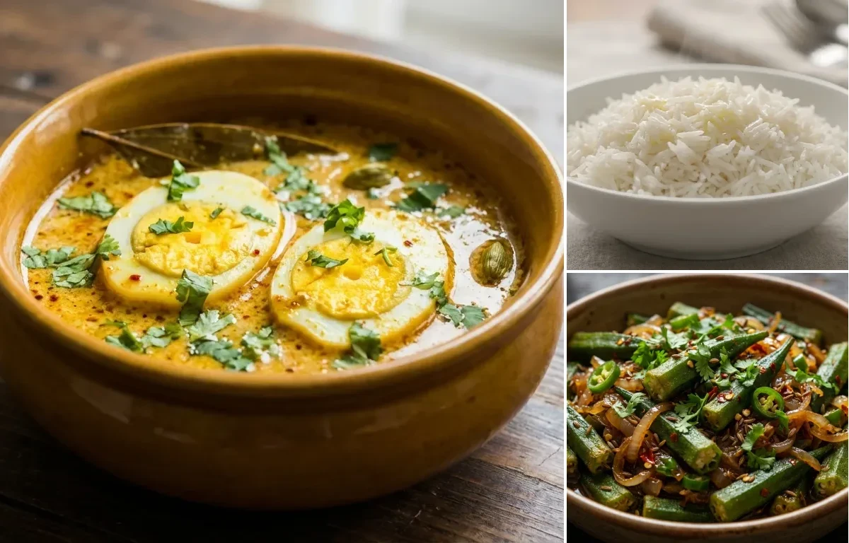 Dahi Anda Curry with Steamed Basmati Rice and Bhindi Bhujia