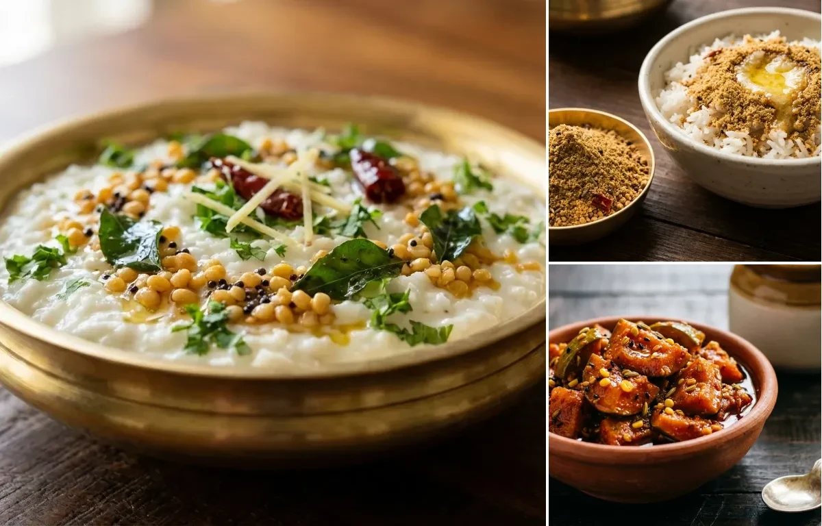 Dahi Bhaat with Metkut and Mango Pickle