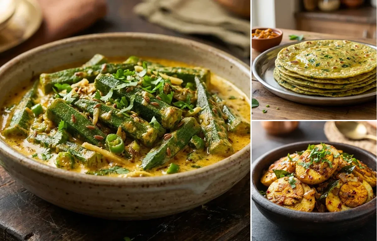 Dahi Bhindi with Methi Thepla and Egg Fry
