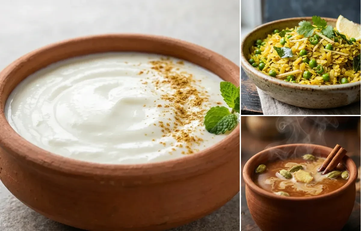 Dahi with Chura Matar and Gur ki Chai