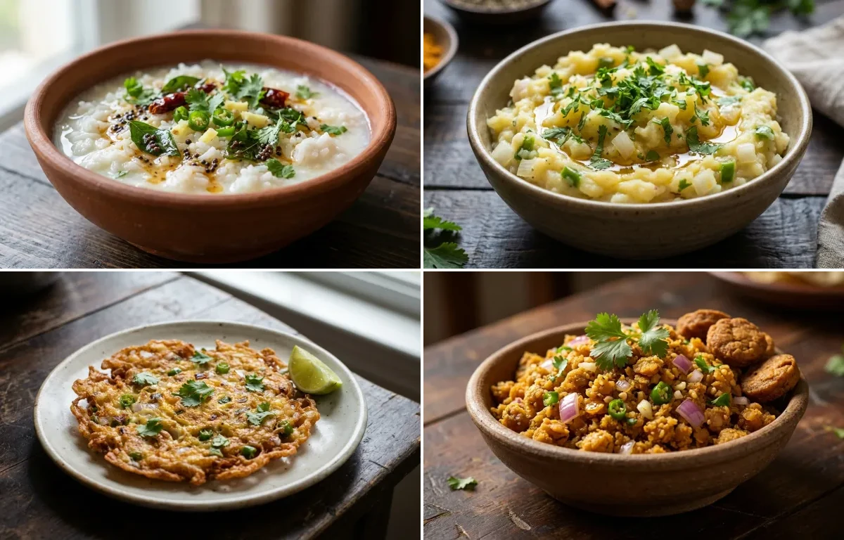 Dahi Pakhala with Aloo Bharta, Anda Bhaja and Badi Chura