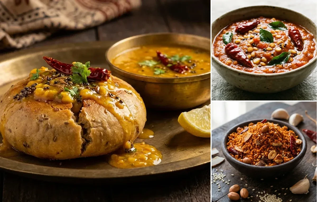 Dal Bafla with Tomato Chutney and Dry Garlic Chutney