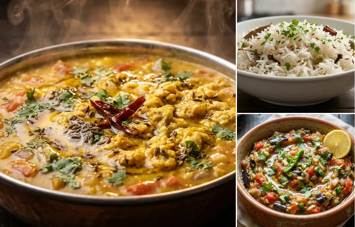 Dal Fry with Egg Tadka with Baingan ka Chokha
