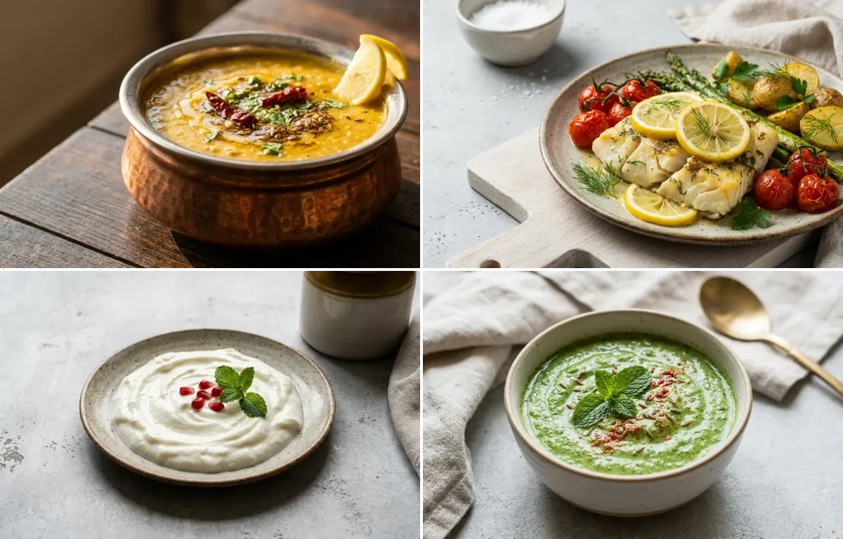 Dal Fry with Mixed Veg Stuffed Paratha, Baked Cod With Lemon, Plain Curd and Mint Yogurt Chutney