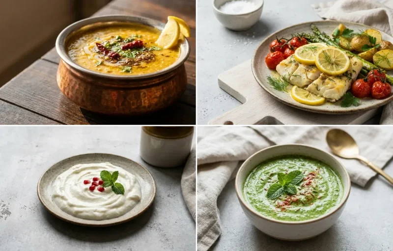Dal Fry with Mixed Veg Stuffed Paratha, Baked Cod With Lemon, Plain Curd and Mint Yogurt Chutney