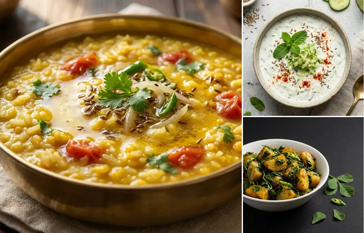 Dal Khichdi with Cucumber Mint Raita with Methi Aloo