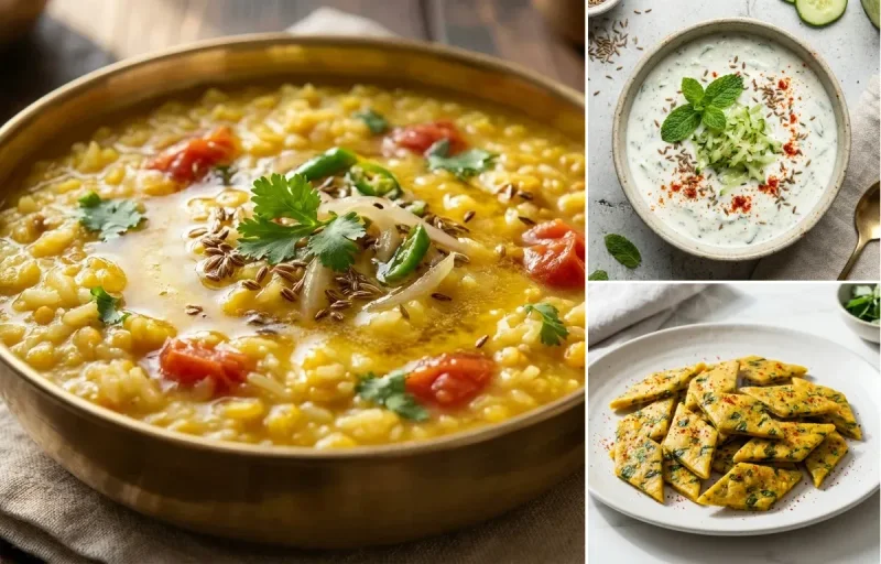 Dal Khichdi with Cucumber Mint Raita with Methi Dhokli