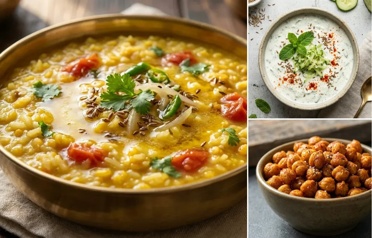 Dal Khichdi with Cucumber Mint Raita with Roasted Chickpeas
