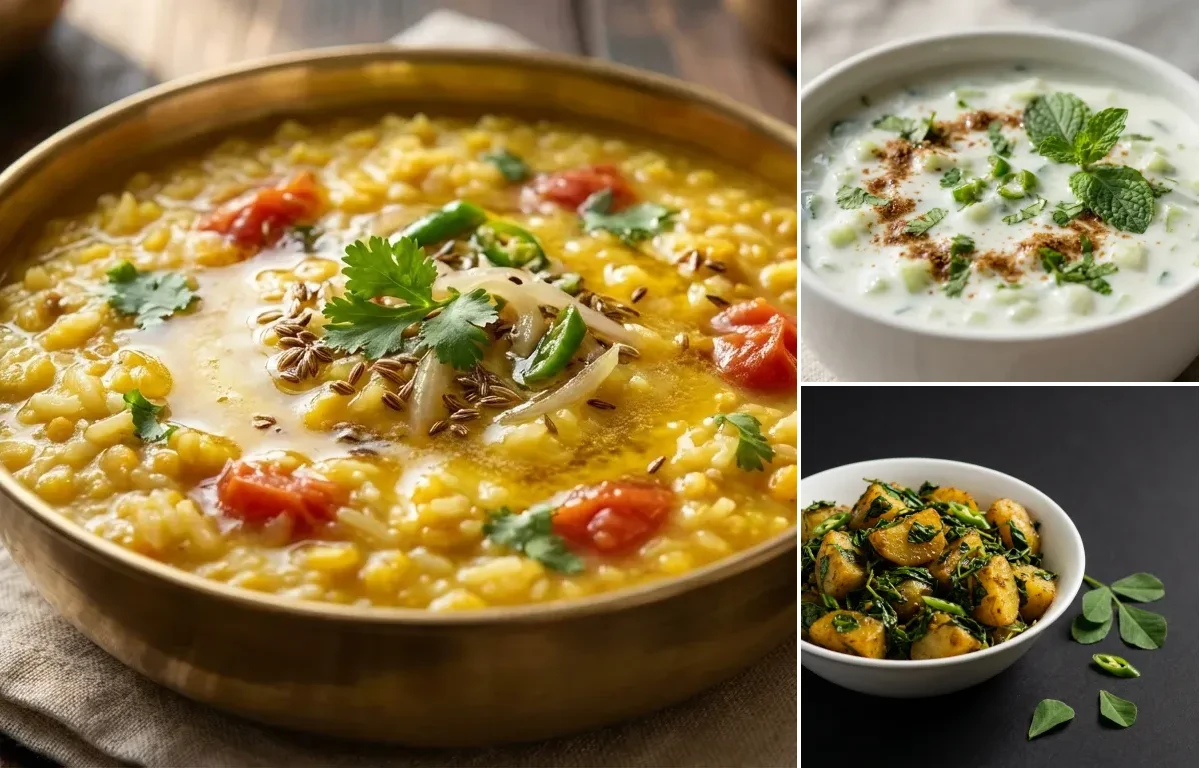 Dal Khichdi with Cucumber Raita with Methi Aloo