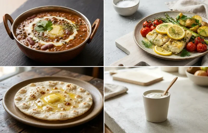Dal Makhani with Baked Cod With Lemon, Jowar Roti and Plain Yogurt Cup