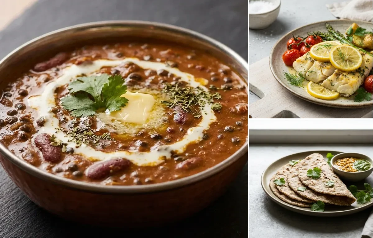 Dal Makhani with Baked Cod With Lemon, Vegan Jowar Roti and Cucumber Carrot Sticks With Mint Yogurt Dip