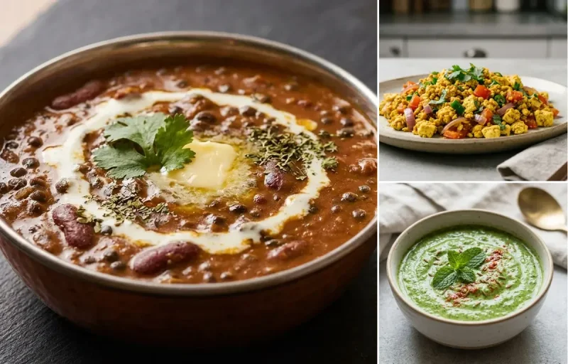 Dal Makhani with Methi Paratha, Vegan Tofu Bhurji, Plain Yogurt Cup and Mint Yogurt Chutney