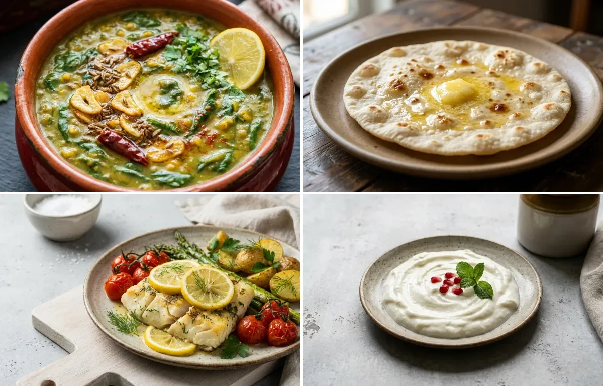 Dal Palak with Jowar Roti, Baked Cod With Lemon and Plain Curd