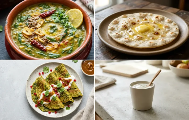 Dal Palak with Jowar Roti, Palak Chilla and Plain Yogurt Cup