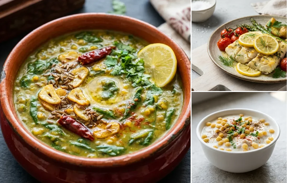 Dal Palak with One Chapati, Baked Cod With Lemon, Cooked Steamed White Rice Half Cup and Boondi Raita