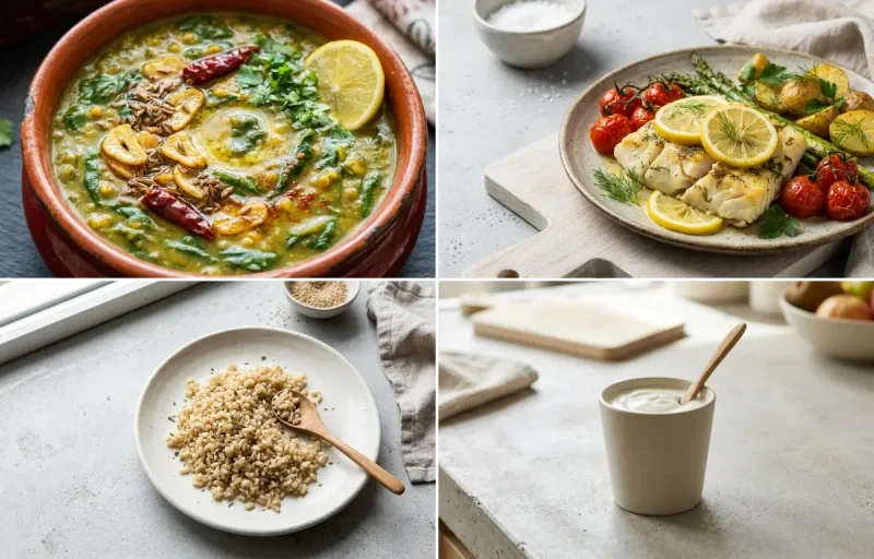 Dal Palak with One Chapati, Baked Cod With Lemon, Cooked Steamed White Rice Half Cup and Plain Yogurt Cup