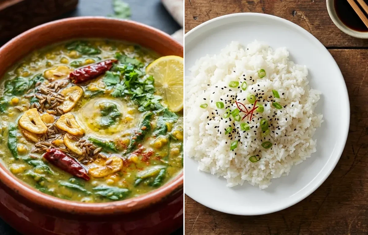 Dal Palak with Steamed White Rice, Egg Bhurji Main and Carrot Cucumber Salad