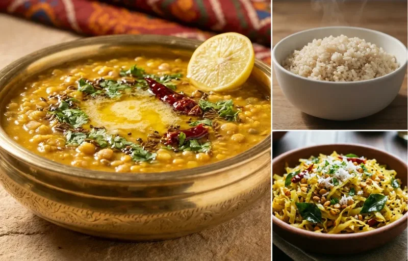 Dal Panchmel with Steamed White Rice with Cabbage Fry