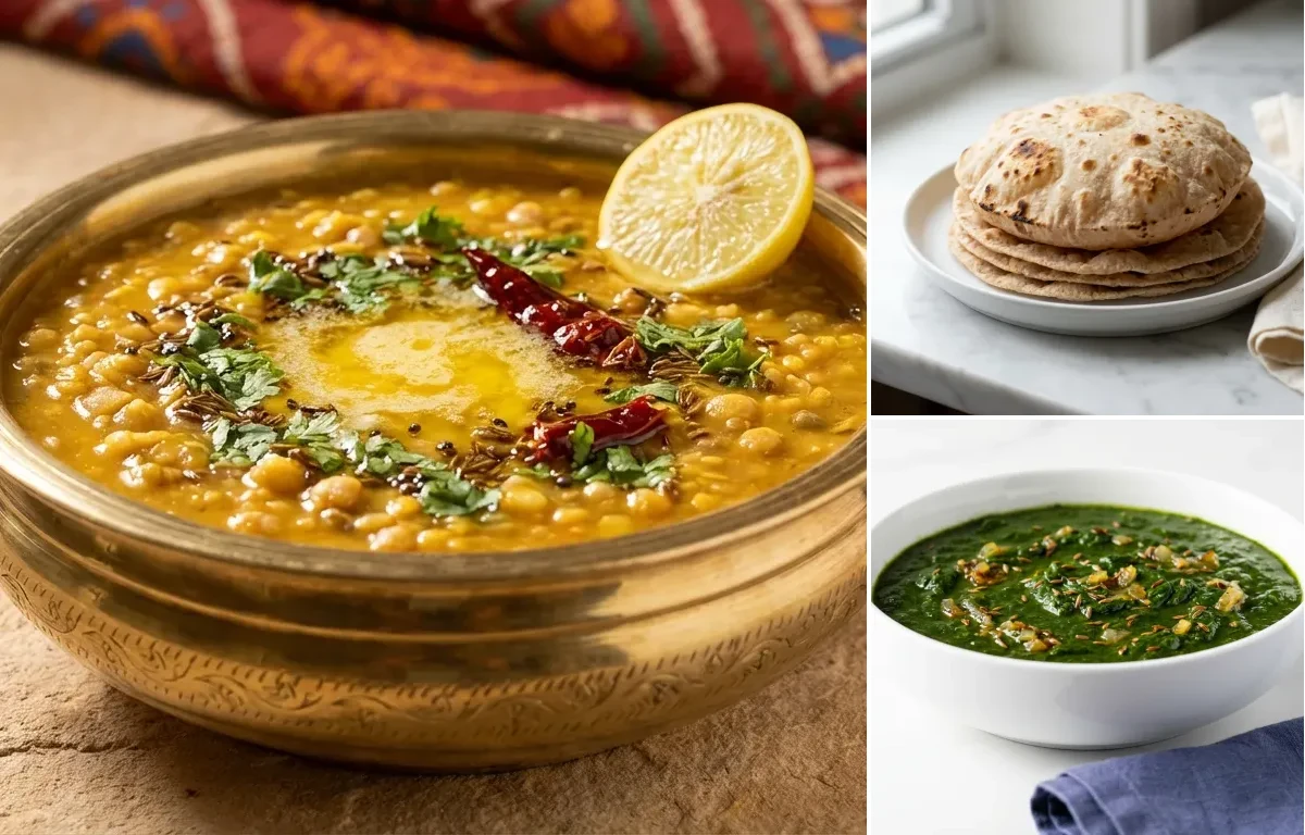 Dal Panchmel with Steamed White Rice with Whole-Wheat Phulka with Jeera Palak