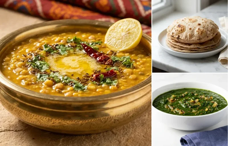 Dal Panchmel with Steamed White Rice with Whole-Wheat Phulka with Jeera Palak