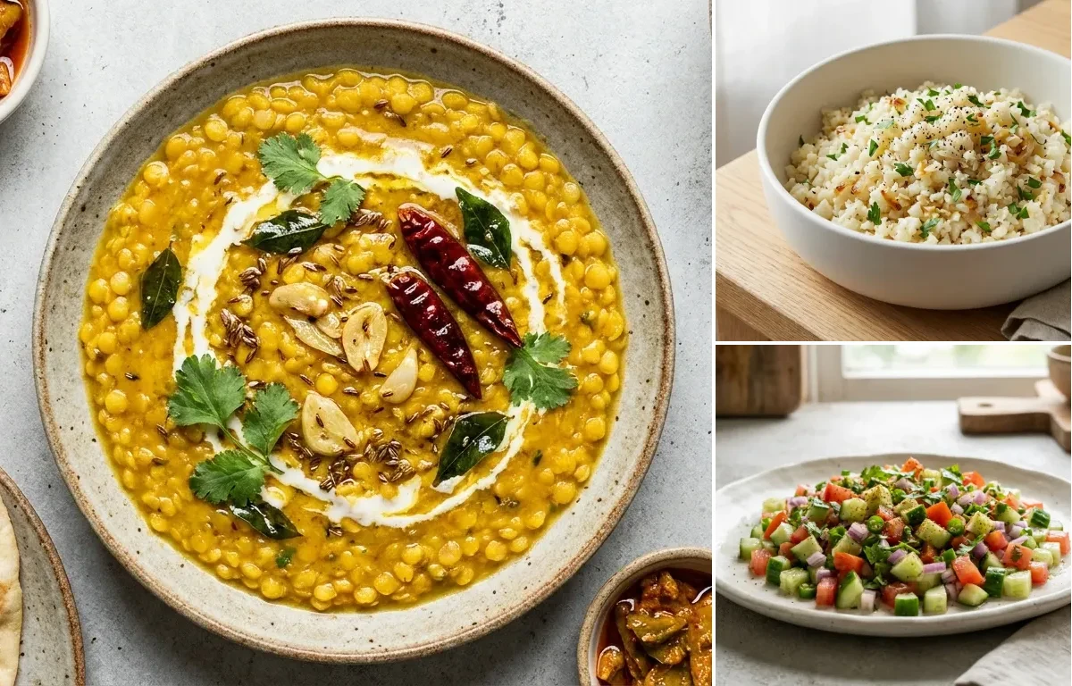 Dal Tadka, Cauliflower Rice and Kachumber Salad