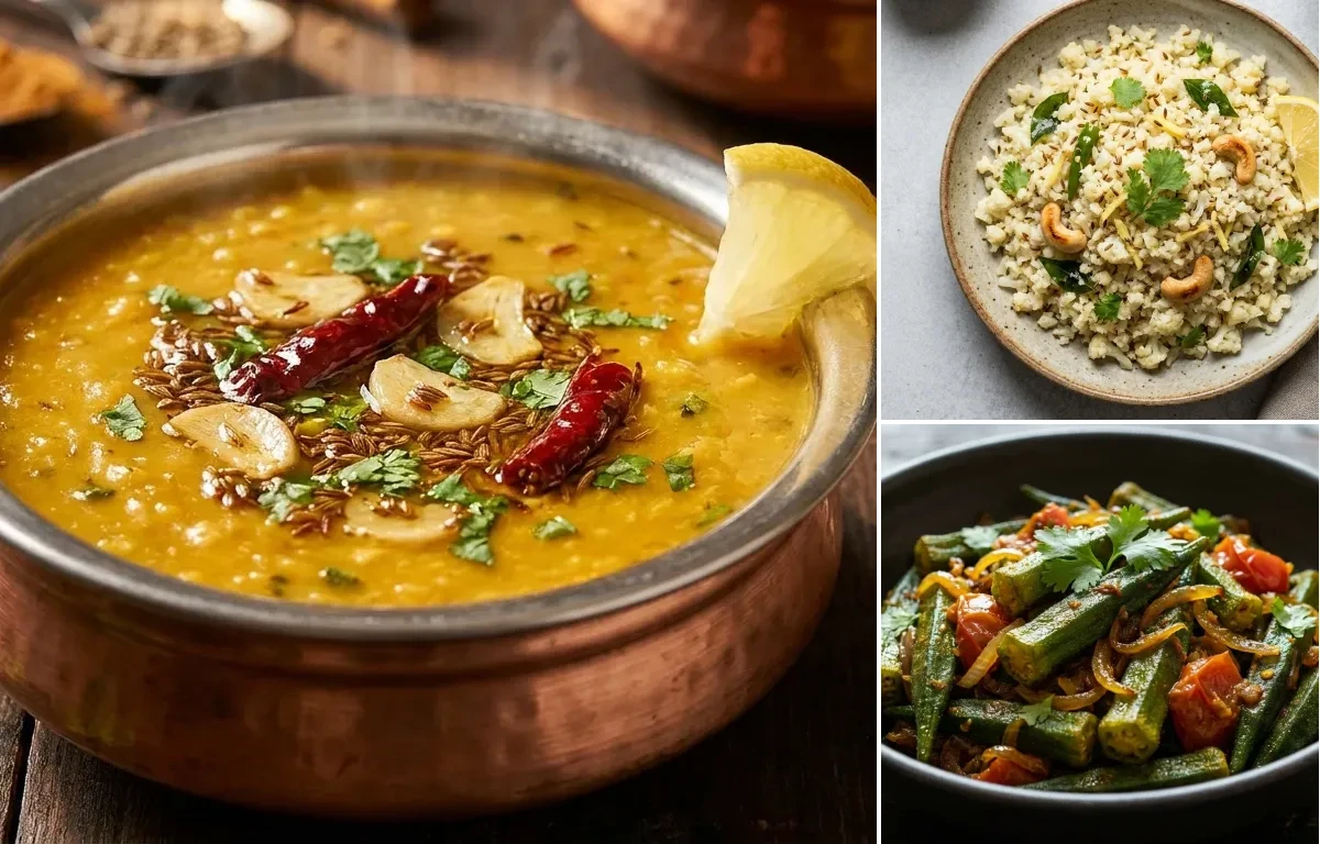 Dal Tadka, Jeera Cauliflower Rice and Bhindi Sabzi