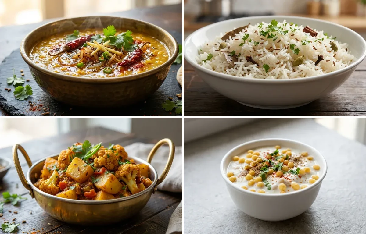Dal Tadka with Aloo Gobi and Boondi Raita