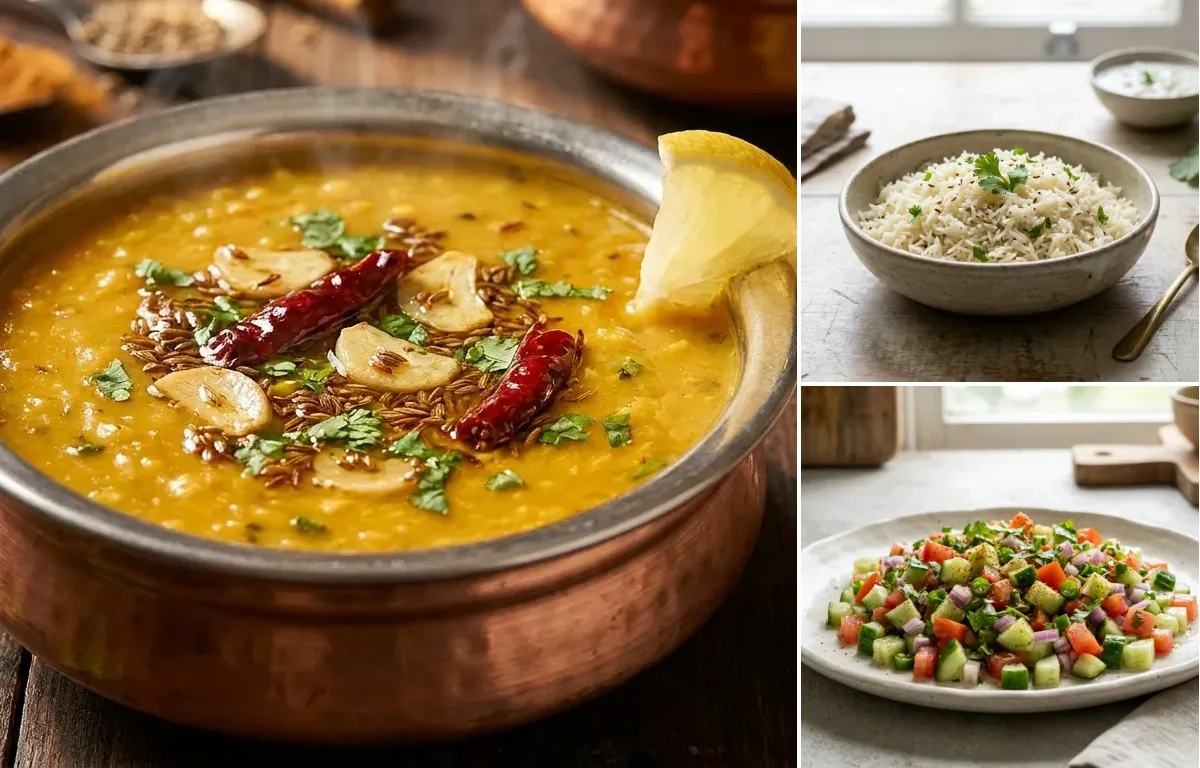 Dal Tadka, Jeera Rice and Kachumber Salad